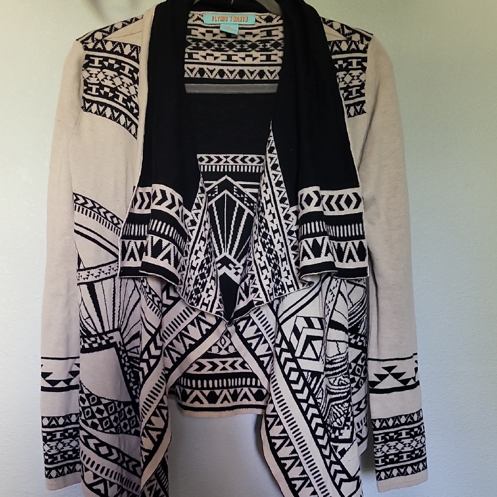 Flying Tomato Black and Cream Patterned Cardigan